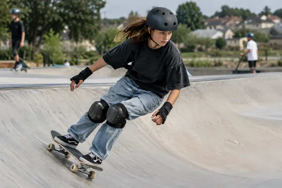 Une skateboardeuse casquée réalise un virage contrôlé sur la courbe d’un skatepark en béton.