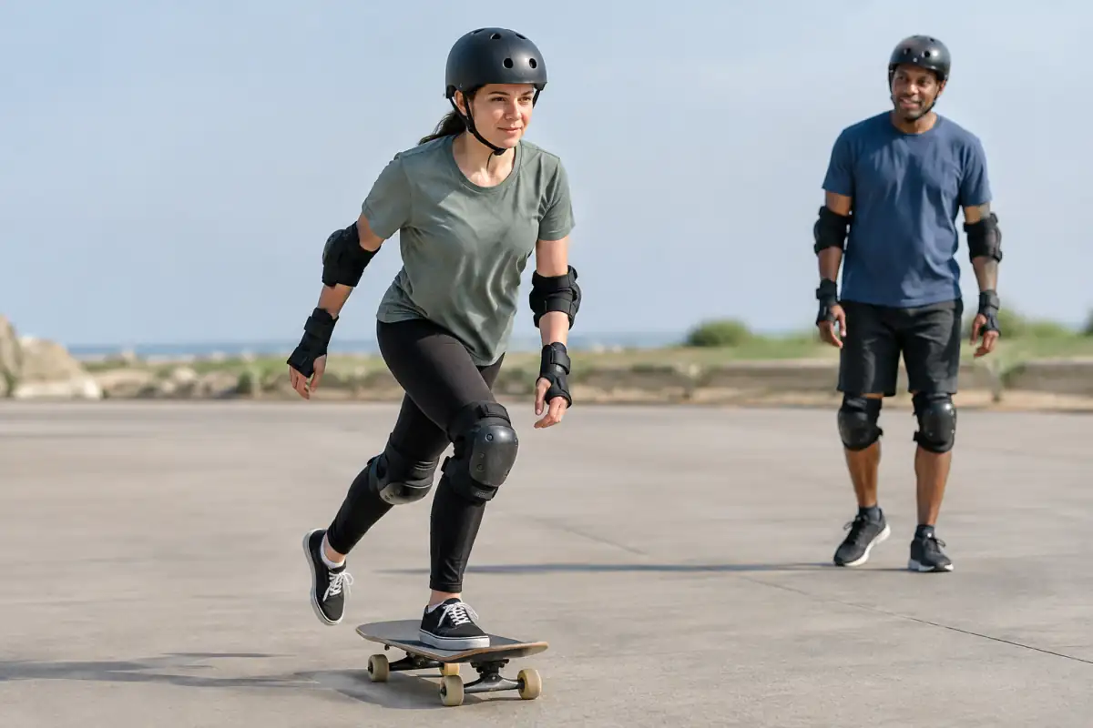 Débutant en skateboard, casque et protections, apprend à pousser doucement sur une aire plane sous le regard d’un encadrant.