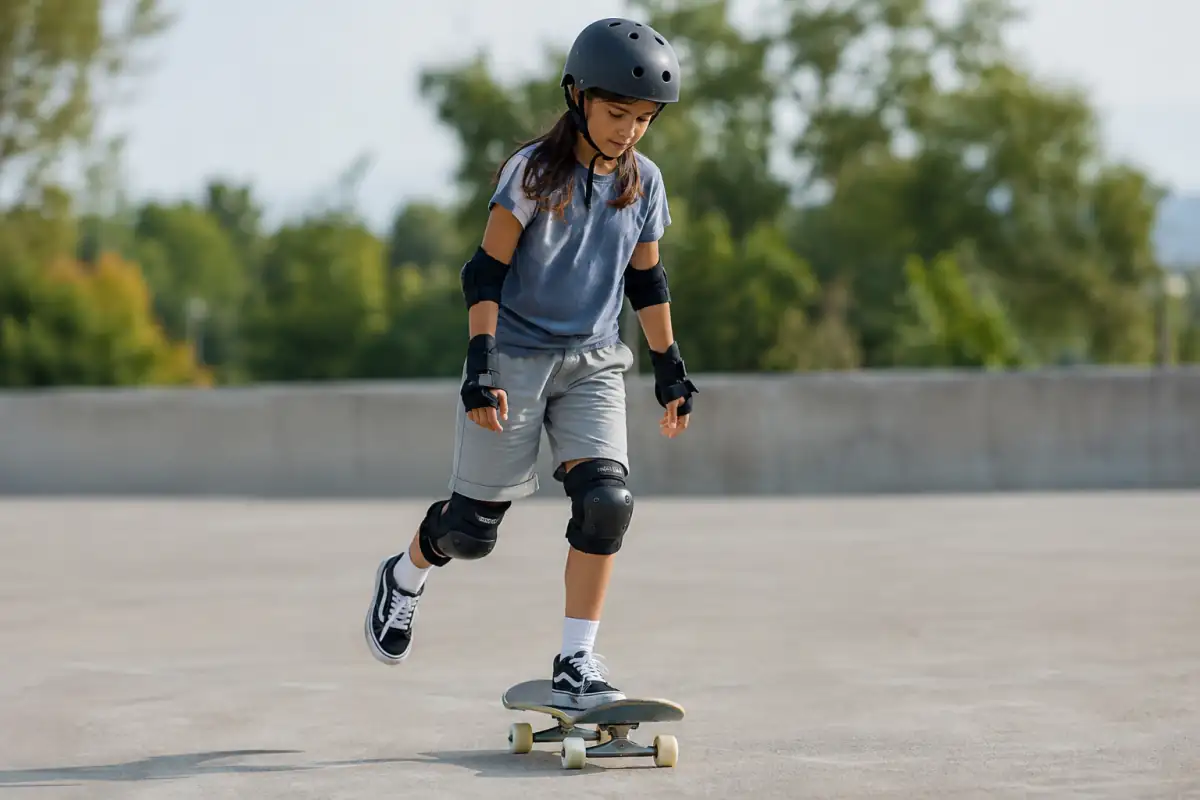 Débutant en skateboard travaillant la poussée et l’équilibre sur un sol plat, avec casque et protections.