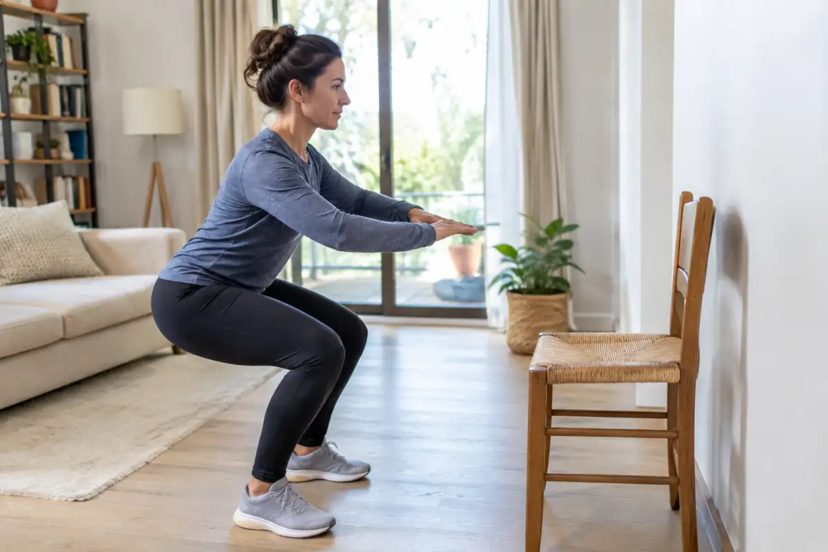 Exercice de squat vers une chaise à domicile pour renforcer progressivement les jambes avant une saison de ski alpin.