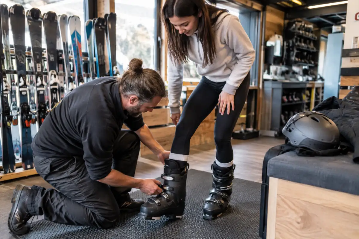 Un professionnel vérifie l’ajustement des chaussures et du casque d’un skieur débutant avant sa première journée sur les pistes.