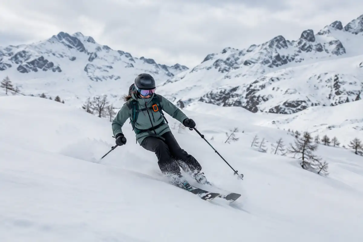 Skieur de freeride en virage maîtrisé dans une pente alpine non damée, équipé d’un casque et d’un sac de sécurité.