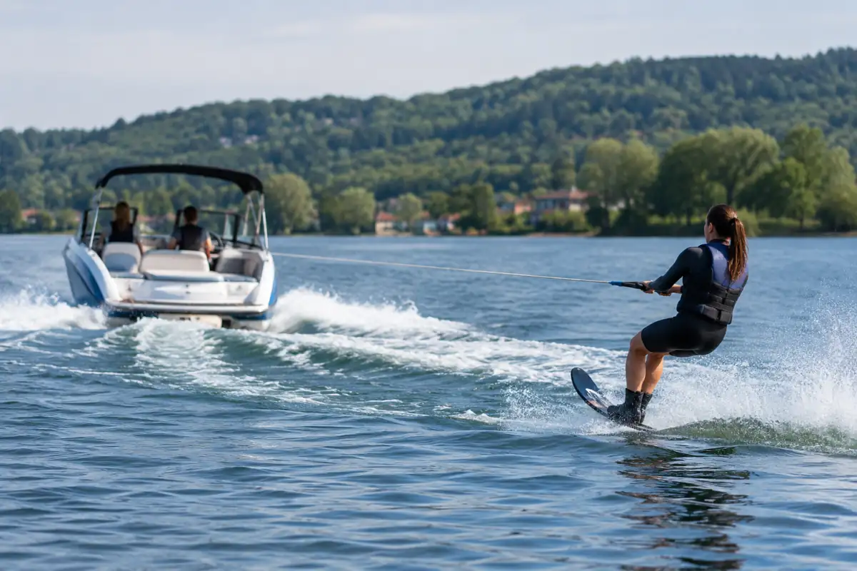 Un skieur nautique en monoski franchit le sillage d’un bateau, vêtu d’une combinaison et d’un gilet de flottabilité.