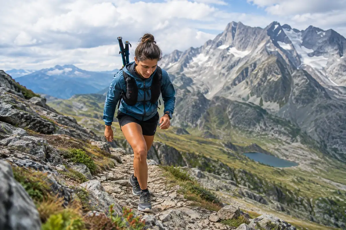 Coureuse de skyrunning en montée sur un sentier rocheux d’altitude dans les Alpes, équipée d’un gilet et de chaussures de trail.