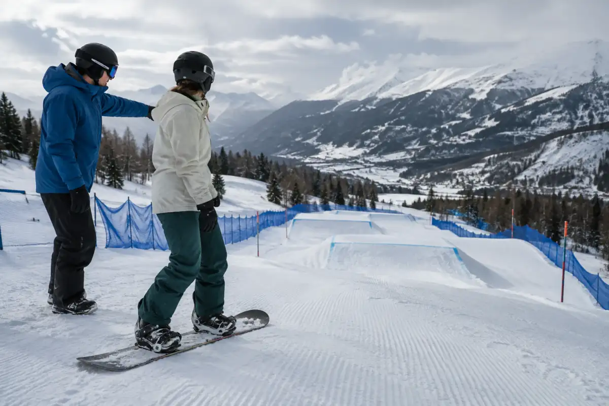 Un snowboardeur équipé repère avec un encadrant un parcours de cross débutant aux virages relevés et aux petits rouleaux.