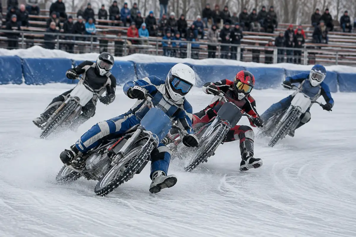 Pilotes de speedway sur glace en virage, motos à pneus cloutés inclinées sur un ovale gelé en plein hiver.