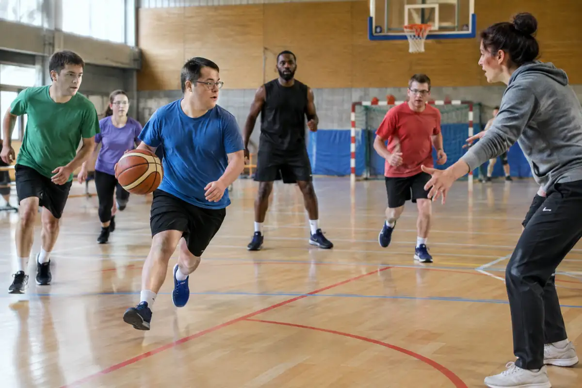 Des joueurs pratiquent le sport adapté en équipe dans un gymnase, avec un éducateur qui accompagne un exercice de basket.