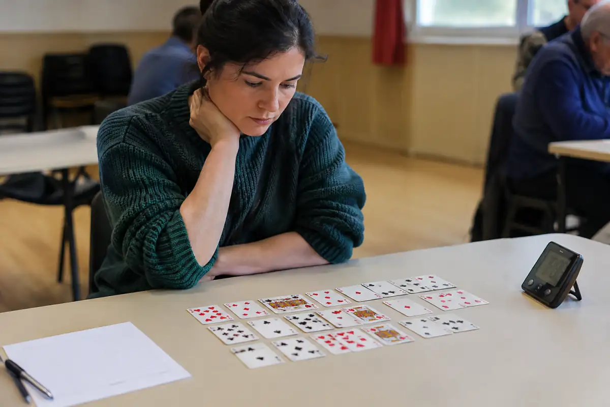 Une participante au sport de mémoire mémorise un jeu de cartes sur une table, chronomètre et feuille de réponse à proximité.