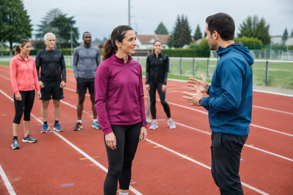 Un entraîneur accueille un adulte débutant sur une piste avant une séance de sprint progressive en club.