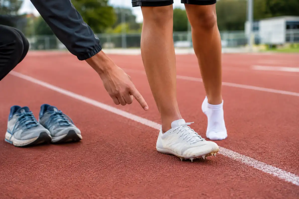 Un débutant compare une chaussure d’entraînement et une pointe de sprint sur une piste synthétique avant une accélération contrôlée.