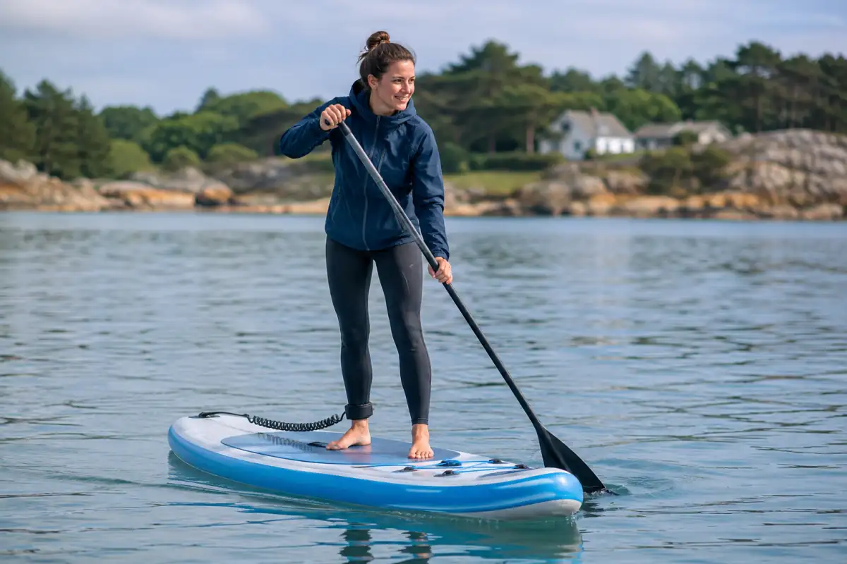 Pratiquant de stand up paddle pagayant debout sur une planche gonflable près d’une côte abritée en France.