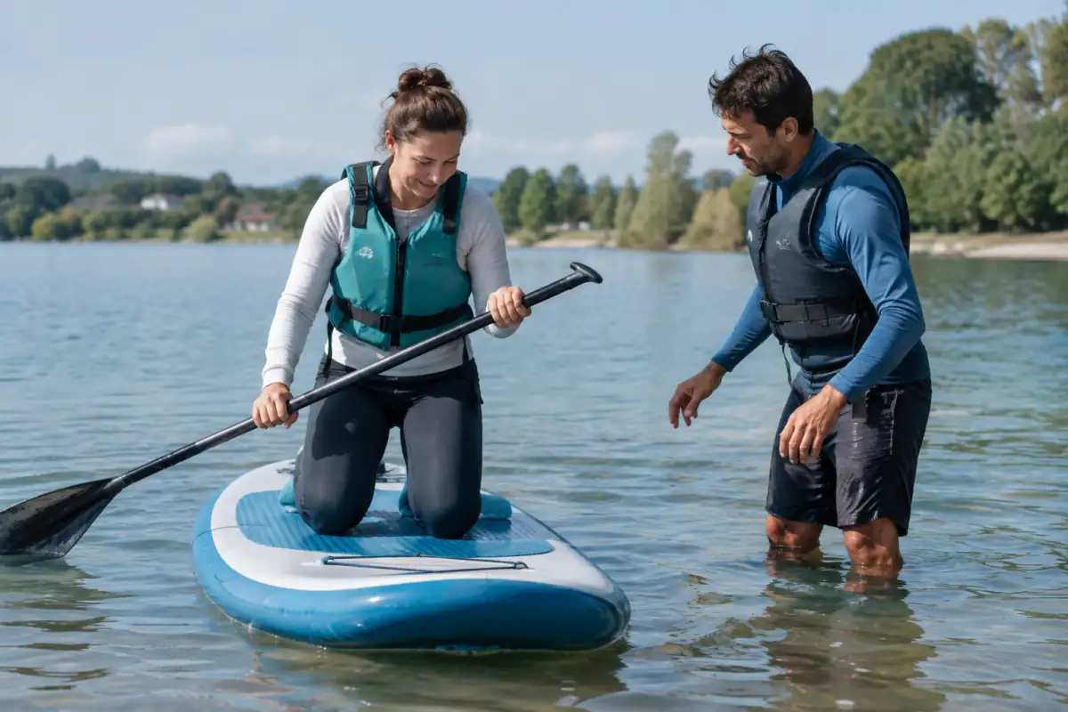 Débutant à genoux sur une planche de paddle, près du bord d’un lac calme, pendant une séance encadrée.
