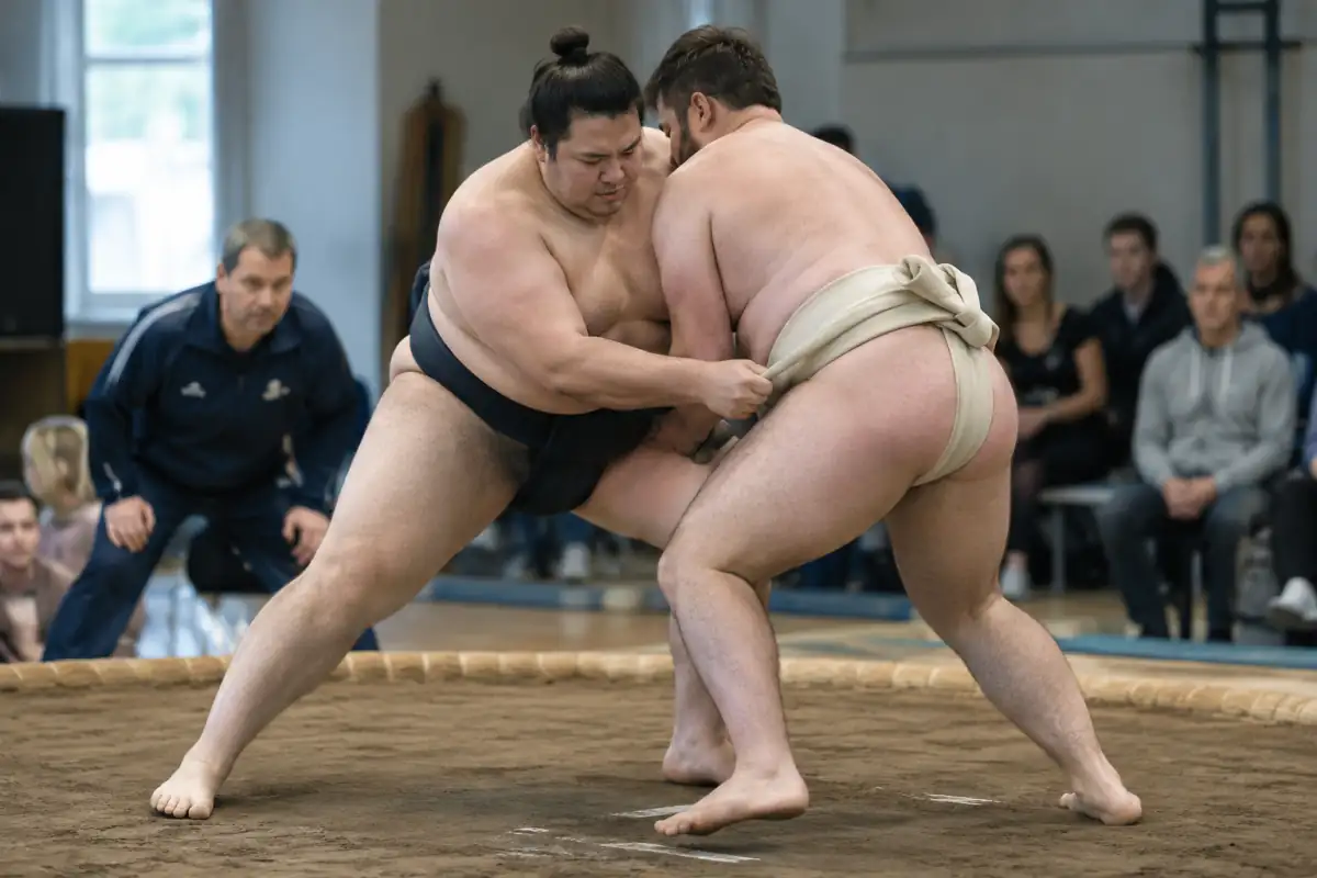 Deux lutteurs en mawashi s’affrontent dans un dohyo lors d’un combat de sumo en salle.