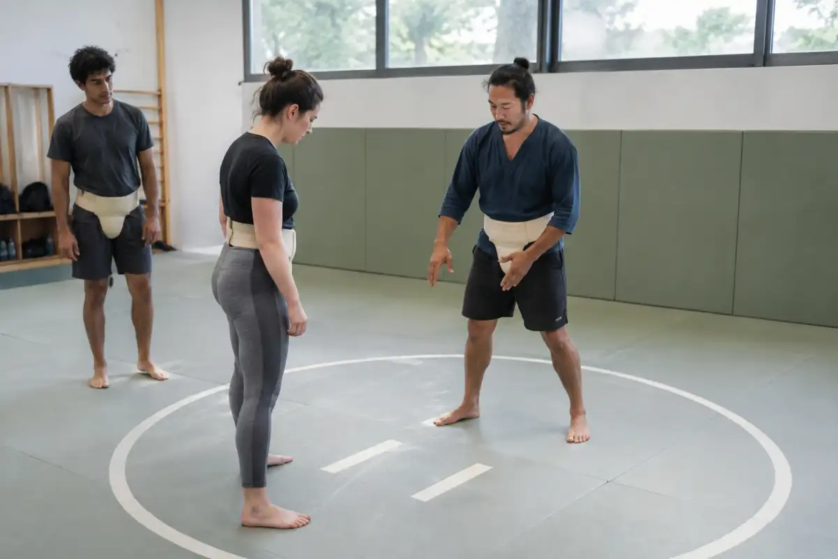 Un encadrant explique les consignes à une personne débutante près d’un cercle de sumo tracé sur le tapis d’un dojo.