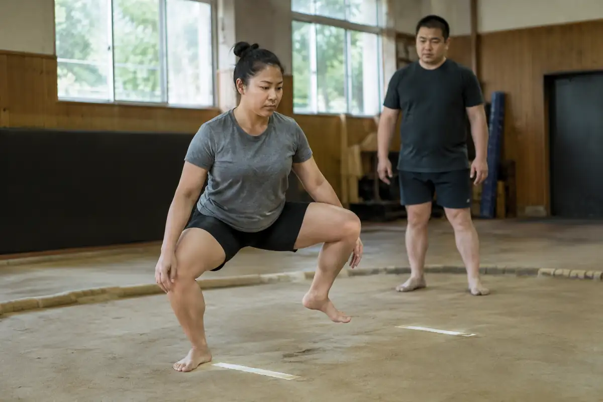Débutant en sumo travaillant un shiko contrôlé sur une surface amortissante, sous le regard d’un entraîneur.