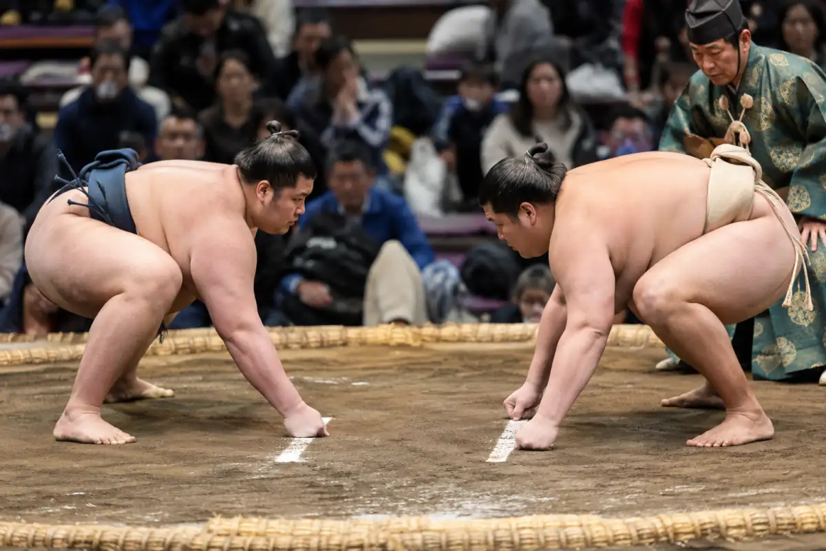Deux lutteurs accroupis face à face sur le dohyo, mains au sol avant le tachiai, sous le regard attentif de l’arbitre.