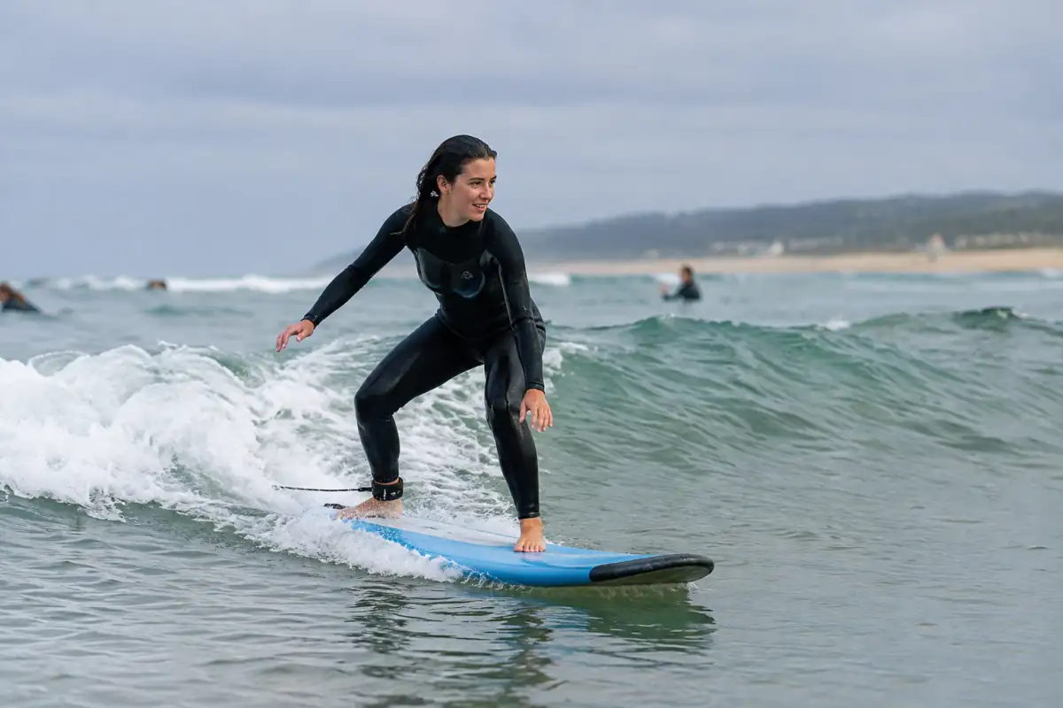 Une débutante en combinaison glisse debout sur une planche en mousse dans une petite vague de surf sur la côte atlantique française.