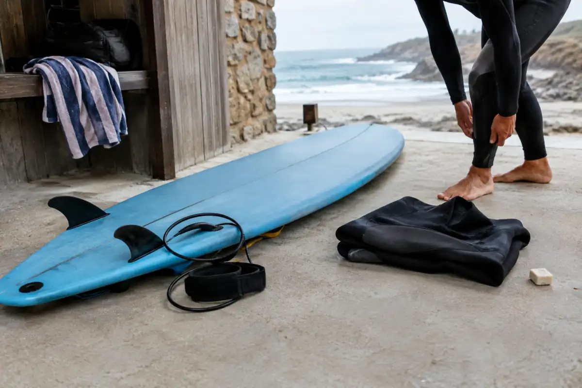 Planche en mousse de débutant, leash, dérives et combinaison de surf réunis avant une session sur la côte.
