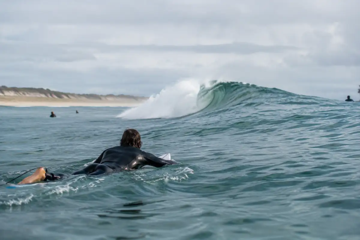 Surfeur en combinaison qui rame vers le pic d’une vague, avec le line-up au large et l’épaule qui déroule.