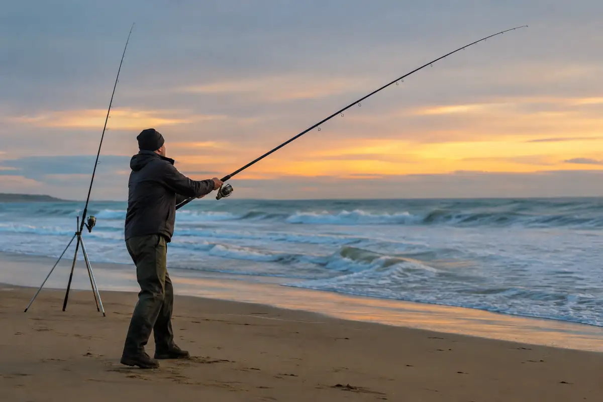 Pêcheur pratiquant le surfcasting sur une plage de sable avec une longue canne, un moulinet et un trépied.