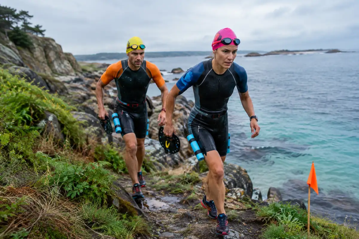 Deux athlètes en tenue de swimrun courent sur un sentier côtier, chaussures aux pieds et équipement de nage prêt pour l’entrée dans l’eau.