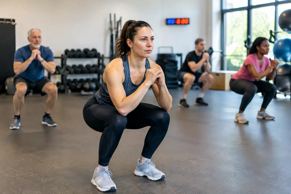 Séance de Tabata en salle : une pratiquante réalise des squats au poids du corps pendant un intervalle d’effort intense.