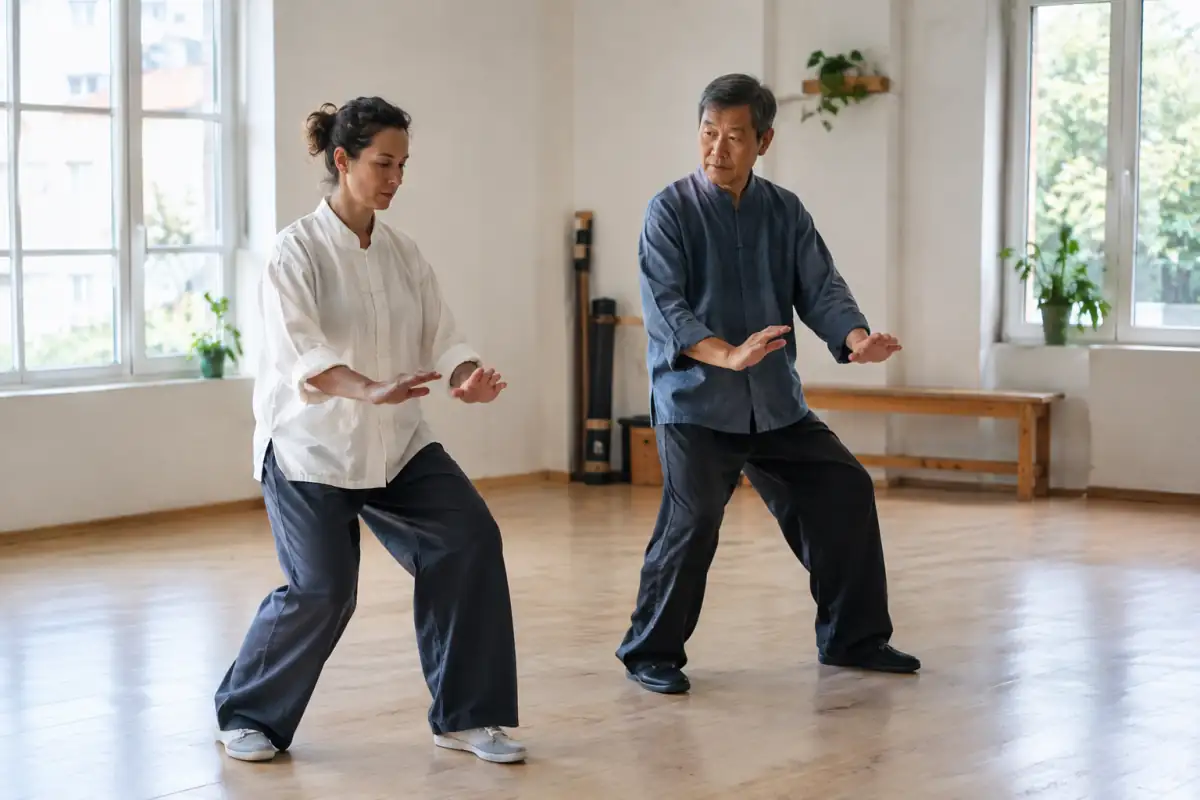 Un débutant suit les indications d’un enseignant pour apprendre un transfert de poids lors d’un cours d’essai de tai-chi-chuan.