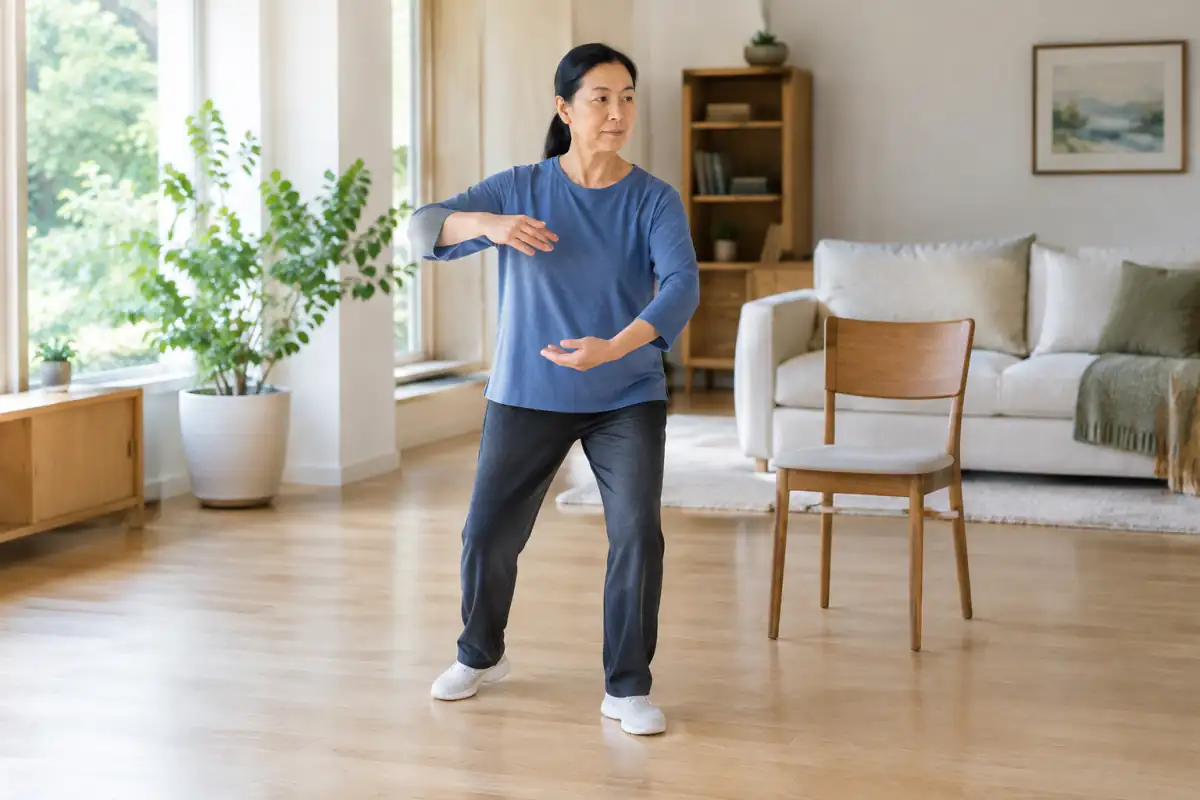 Débutant en tai-chi travaillant lentement ses transferts de poids dans un salon dégagé, avec une chaise stable à proximité.