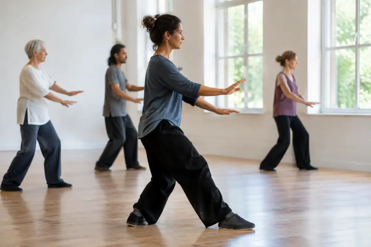 Débutant en tai-chi-chuan en salle, portant une tenue souple et des chaussures plates pendant un transfert de poids.