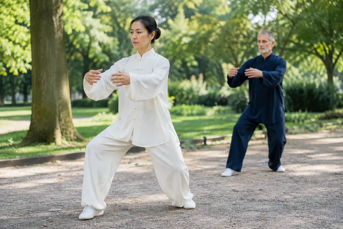 Pratiquante exécutant un mouvement ample et contrôlé de tai-chi style Yang dans un parc, sous le regard d’un autre élève.
