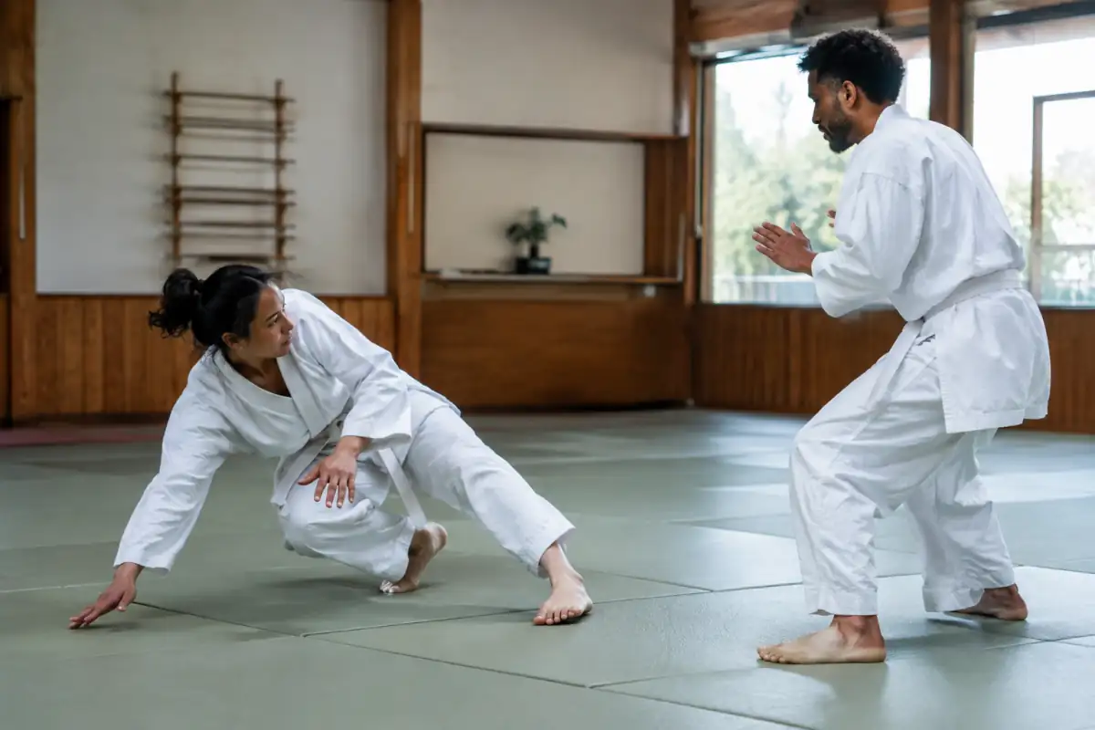 Deux pratiquants exécutent un déplacement et une frappe de taido japonais sur tatami, en tenue blanche, pendant un entraînement en salle.