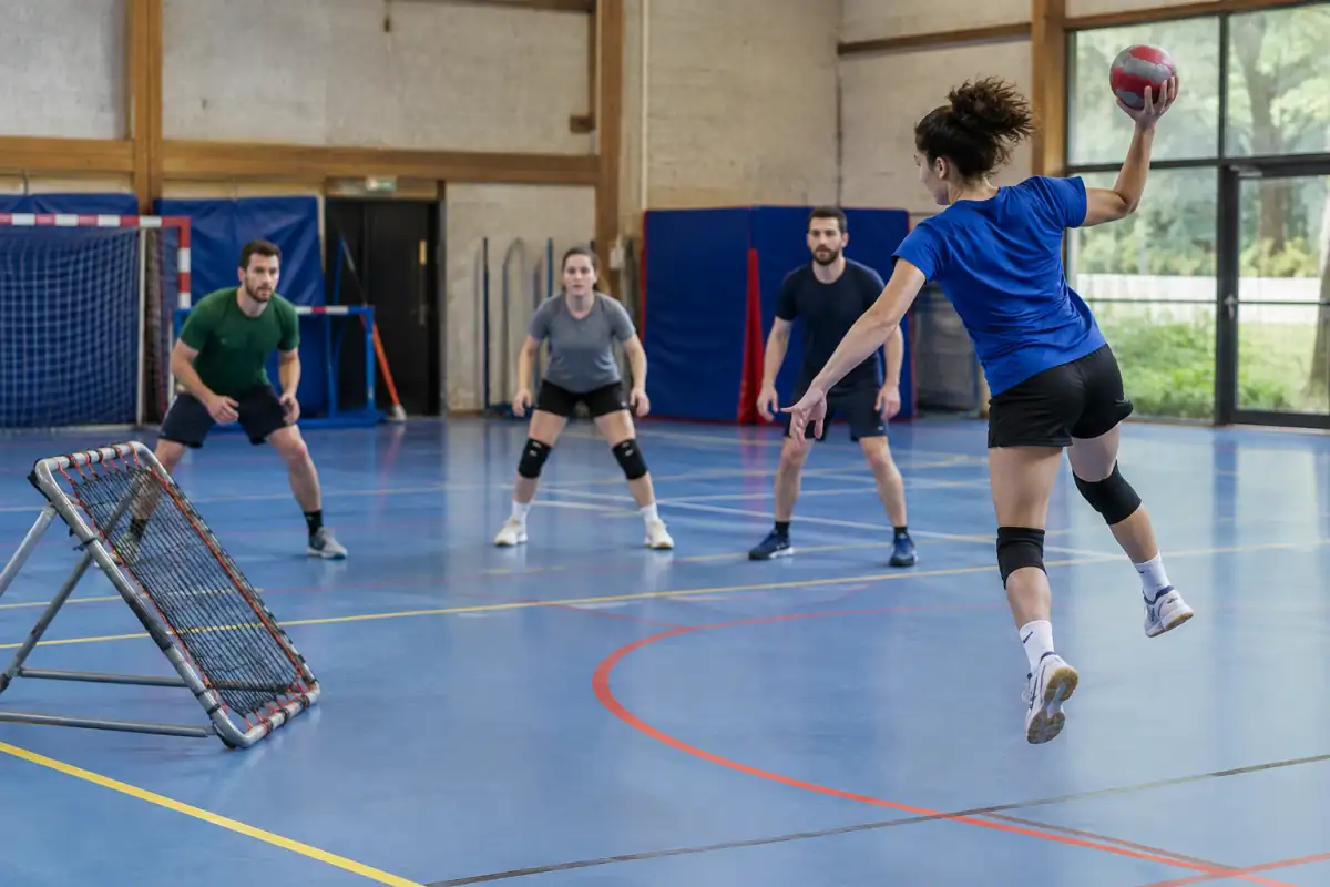 Au tchoukball, une joueuse tire sur un cadre de rebond tandis que les adversaires se placent pour récupérer le ballon.