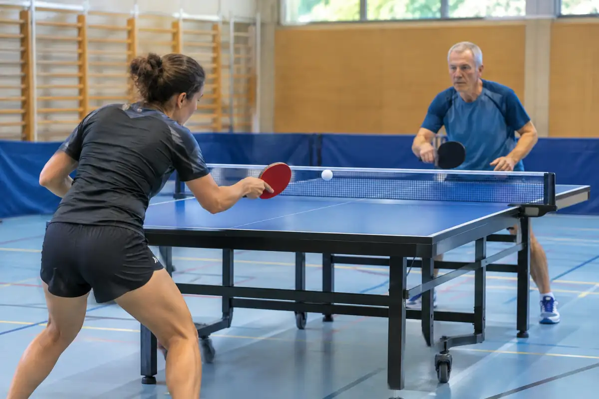Échange de tennis de table en salle : un joueur attaque près de la table tandis que son adversaire prépare la remise.