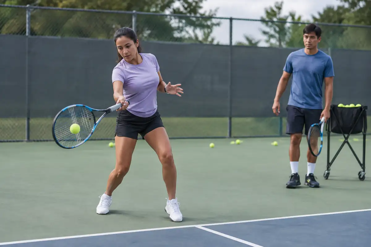 Joueur débutant travaillant un coup droit équilibré devant un enseignant, sur un court de tennis en plein air.