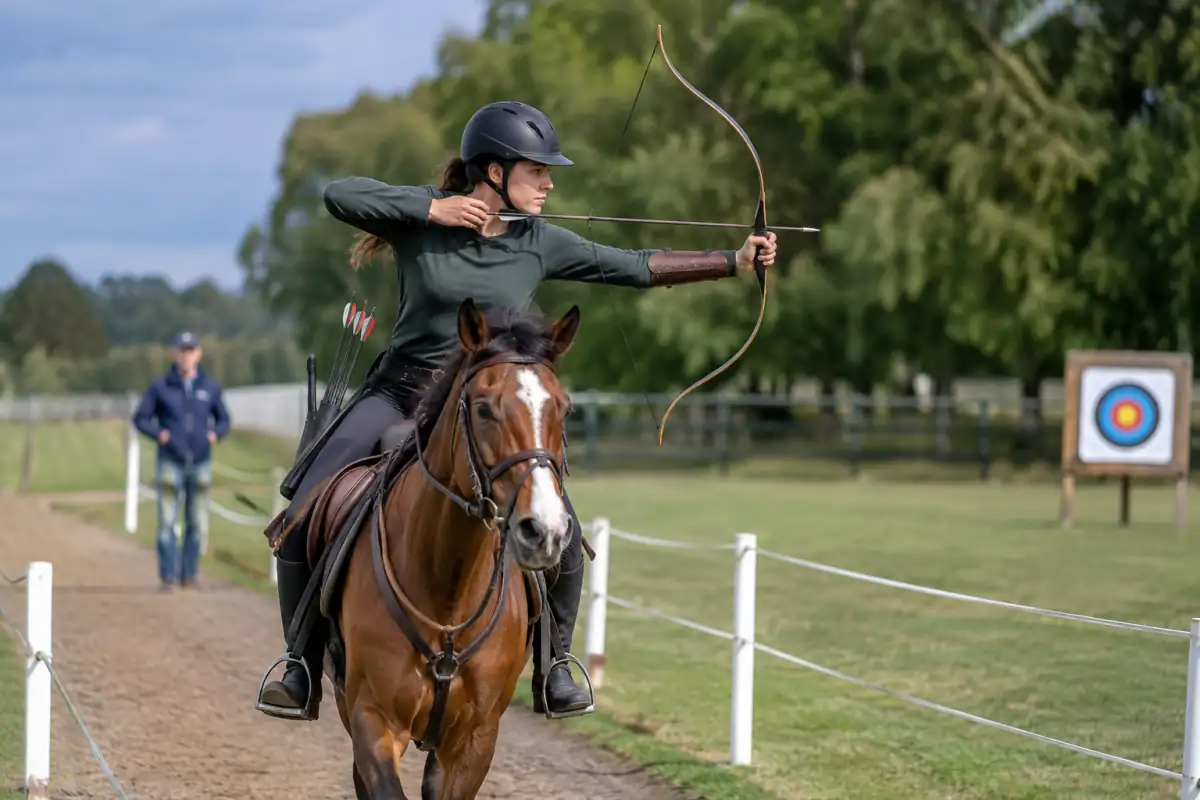 Un cavalier en casque tire à l’arc depuis un cheval en mouvement sur une piste extérieure aménagée.