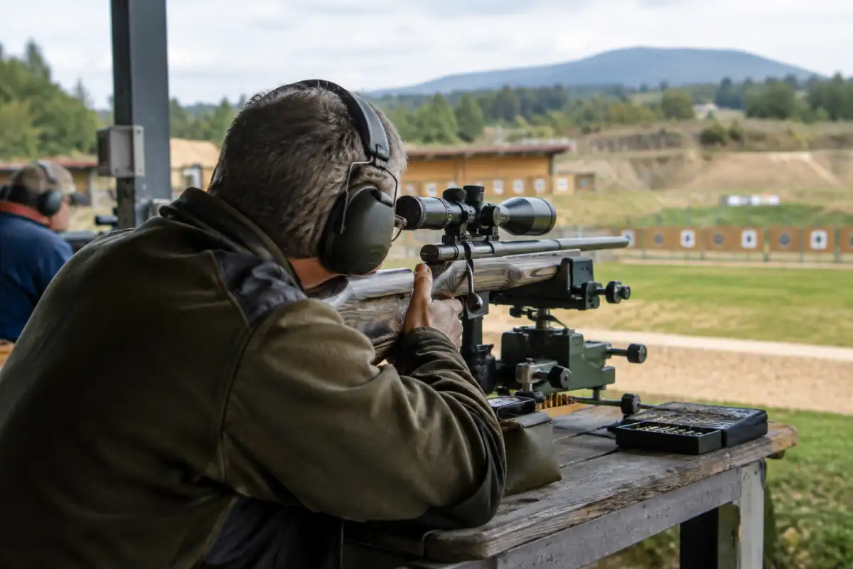 Tireur de benchrest visant une cible avec une carabine de précision posée sur un appui avant et un sachet arrière.