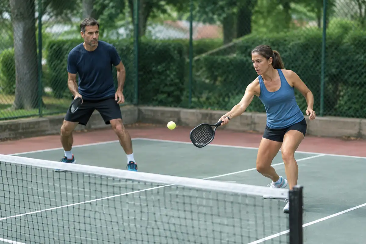 Échange de touchtennis sur un petit terrain extérieur, avec une raquette courte, une balle en mousse et un filet bas.