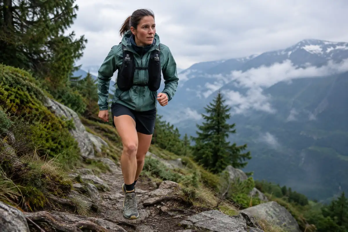 Une coureuse en gilet d’hydratation progresse sur un sentier rocheux de montagne, en courant le trail avec des appuis contrôlés.