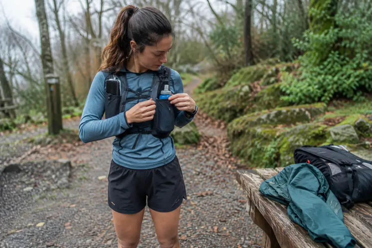 Un coureur débutant ajuste son gilet d’hydratation et vérifie ses chaussures de trail avant une sortie sur un sentier forestier.