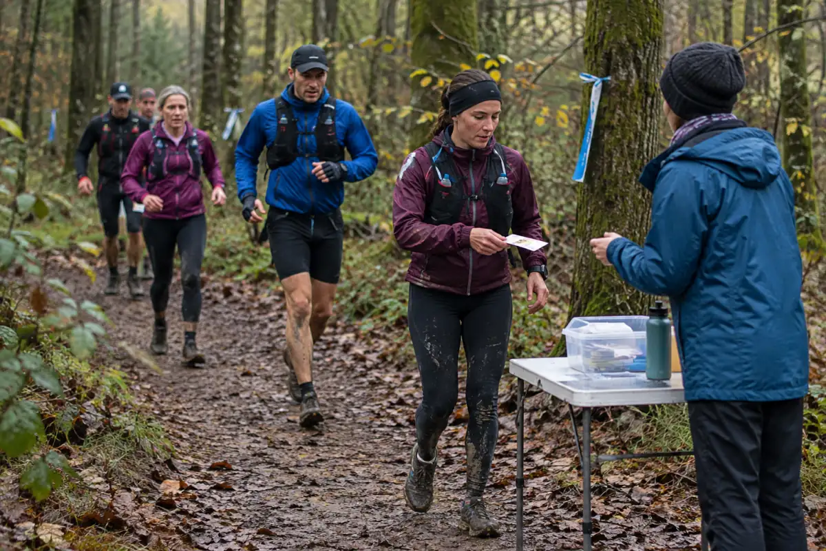 Coureurs présentant leur dossard à un point de contrôle de trail, sur un sentier forestier balisé près d’un ravitaillement.
