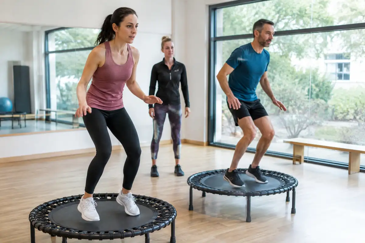 Deux adultes réalisent des rebonds contrôlés sur des mini-trampolines pendant un cours de trampoline fitness en salle.