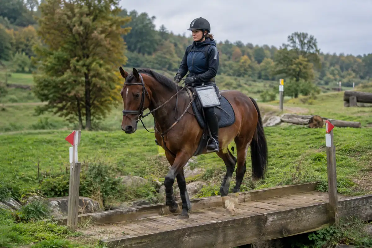 Cavalier en casque franchissant au pas un pont de bois avec son cheval lors d’un parcours de TREC en campagne.