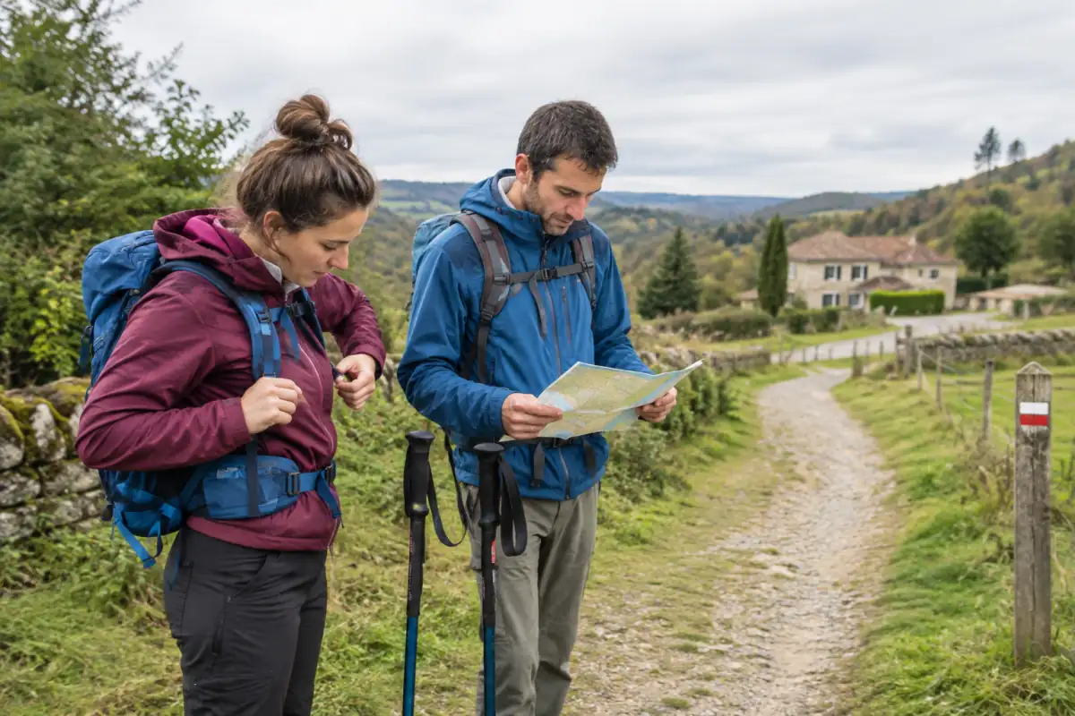 Deux randonneurs débutants vérifient leur sac et leur carte sur un sentier balisé avant une première itinérance de deux jours.