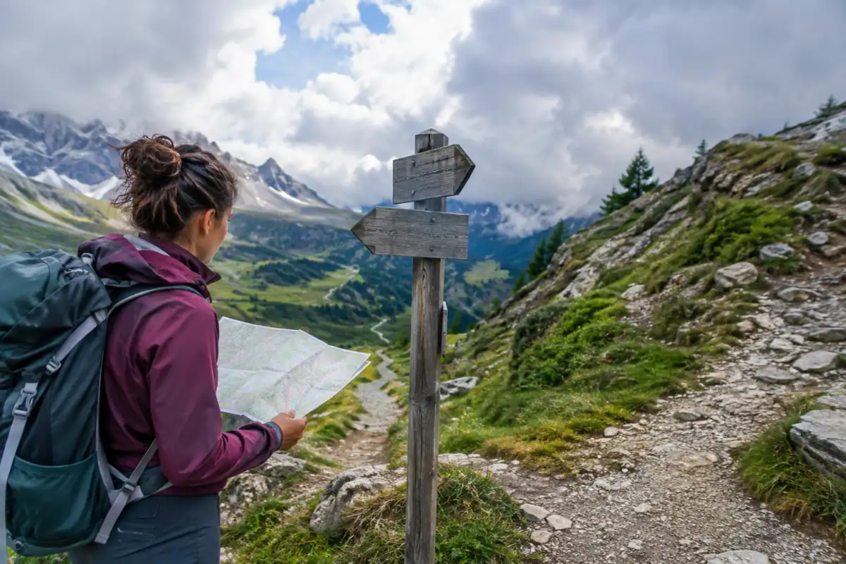 Randonneur avec un sac consulte une carte à un carrefour de sentiers pour comparer deux itinéraires de montagne.
