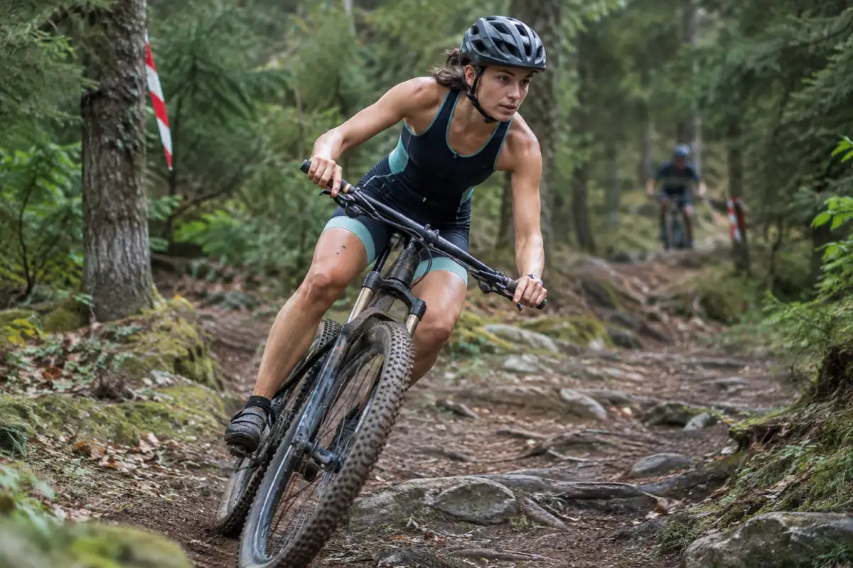 Triathlète en casque pilotant un VTT sur un sentier forestier lors d’une épreuve de triathlon cross.