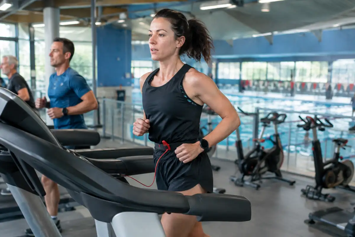 Triathlète amateur courant sur un tapis dans une salle, avec bassin et vélos stationnaires visibles en arrière-plan.