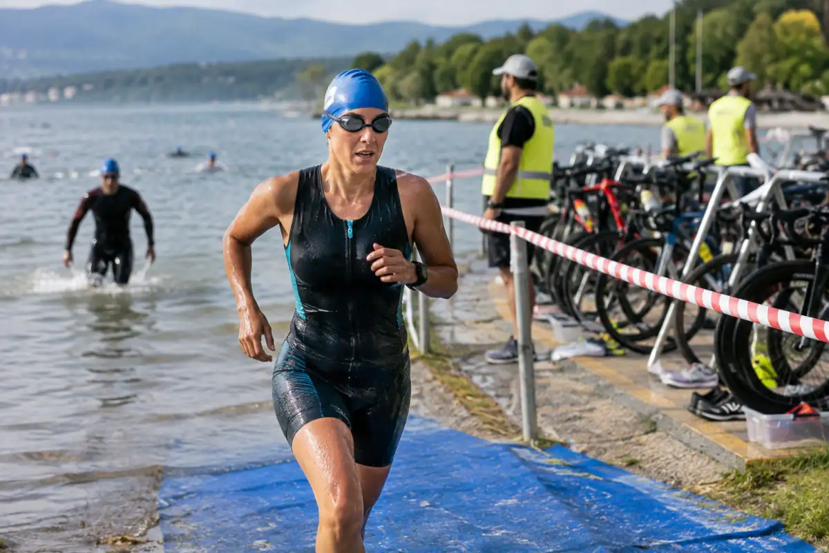 Triathlète amateur sortant de l’eau et rejoignant l’aire de transition lors d’une course organisée près d’un lac.