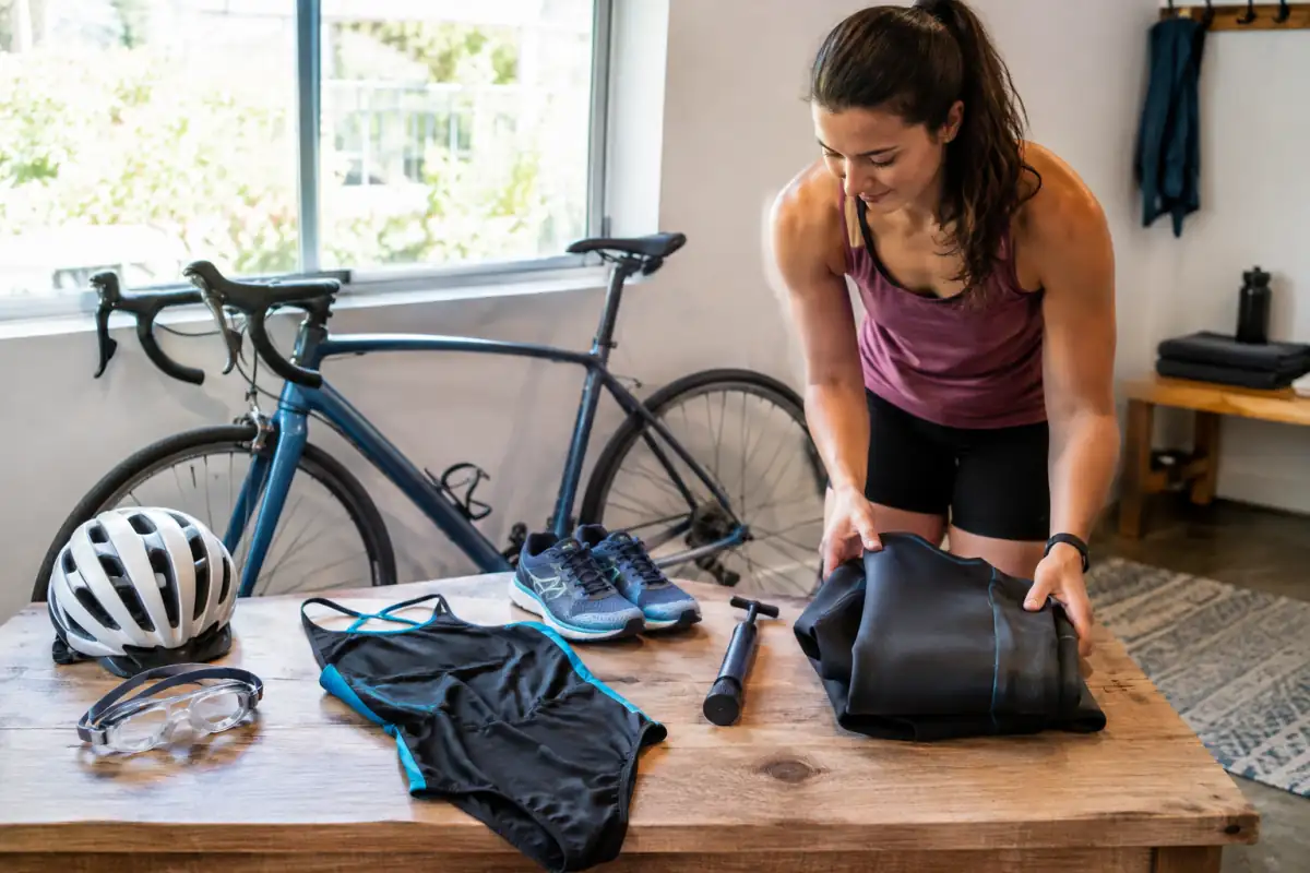 Équipement de triathlon pour débutant : vélo de route d’occasion, casque, lunettes de natation, chaussures de course et combinaison néoprène.