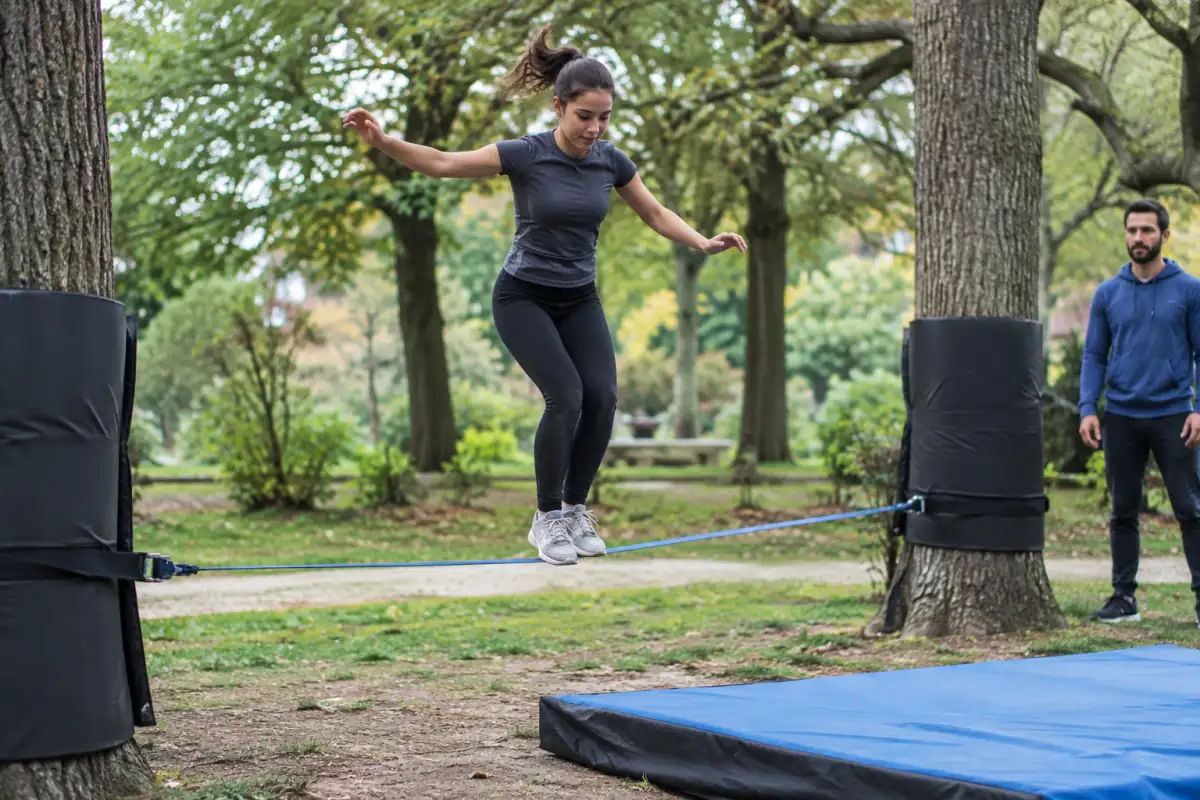 Une débutante réalise un petit saut contrôlé sur une trickline installée bas entre deux arbres protégés.