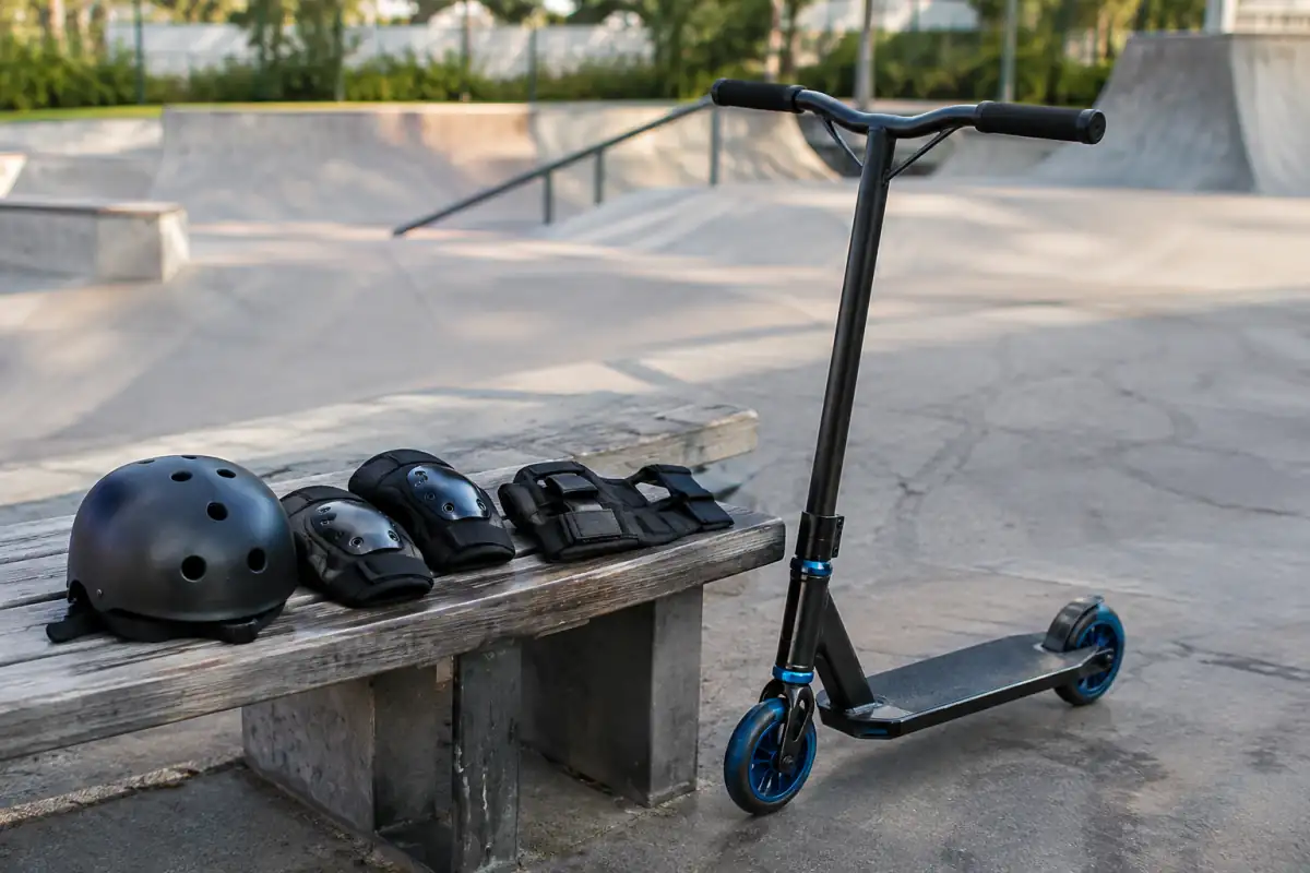 Trottinette freestyle de taille adaptée posée près d’un casque, de genouillères, de coudières et de protège-poignets.
